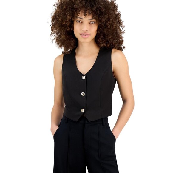 NWT Bar III Womens Petite V-Neck Button-Front Cropped Vest 100207006PT Black PM - Picture 1 of 7
